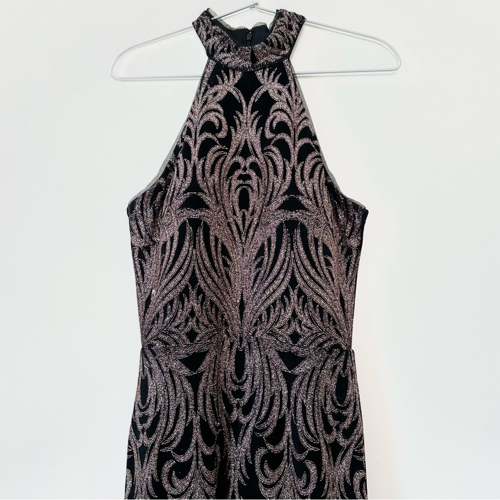 B&A by Betsy & Adam Glitter Halter Neck Long Formal Dress